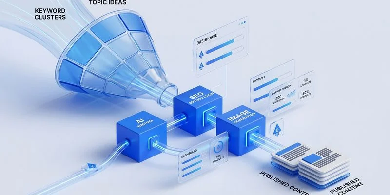 Agency workflow diagram for creating local SEO service area pages at scale using AI programmatic content