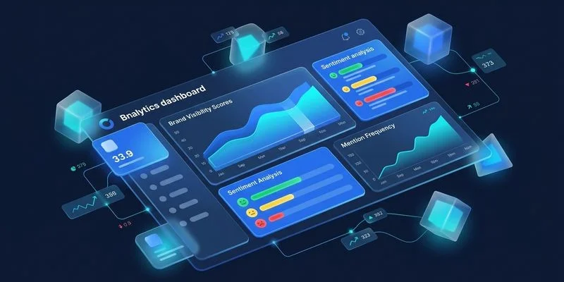 Analytics dashboard showing AI search referral traffic metrics and brand mention trend data over time