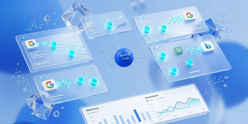 Dashboard concept showing brand mention tracking across ChatGPT Perplexity and Gemini AI platforms