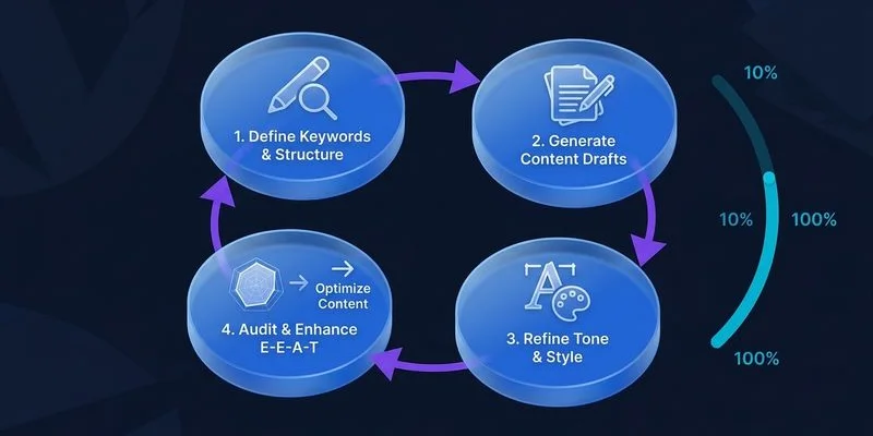 Complete E-E-A-T enhancement workflow diagram from content planning through AI generation to quality review
