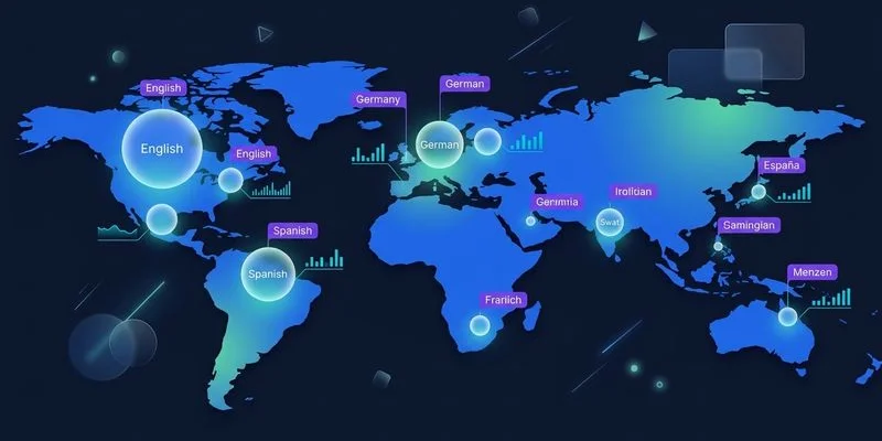 Map visualization showing global search volume distribution across major languages with competition metrics