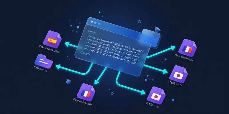 Technical SEO diagram showing hreflang implementation and URL structure for multilingual website architecture
