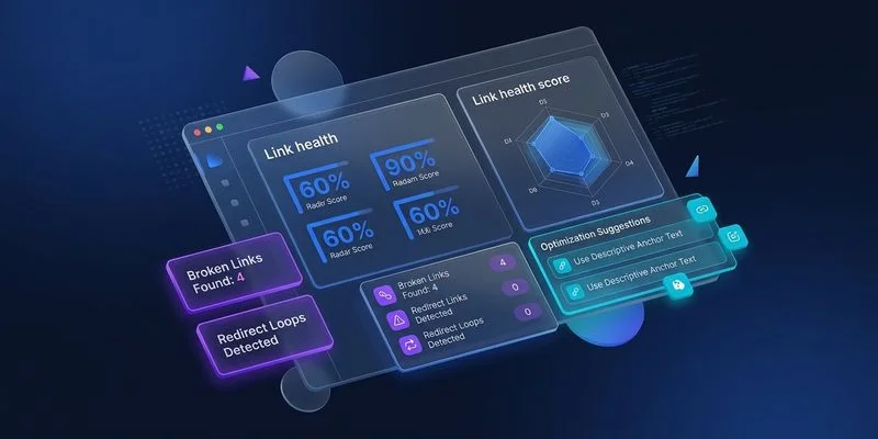 Dashboard showing internal link audit results with orphan pages and link distribution metrics