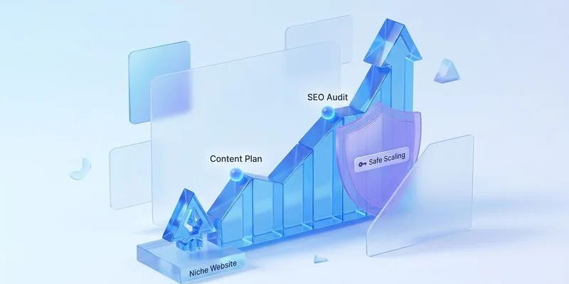 Growth chart showing niche site organic traffic scaling safely with AI content over a four-month period
