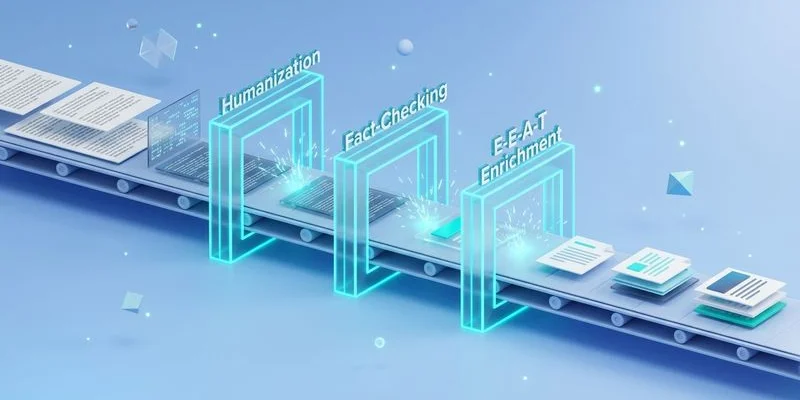 Step-by-step workflow diagram for safe bulk AI content generation with quality checkpoints at each stage
