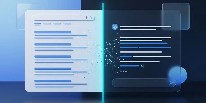 Comparison chart showing traditional search results versus AI answer engine synthesized responses with citations