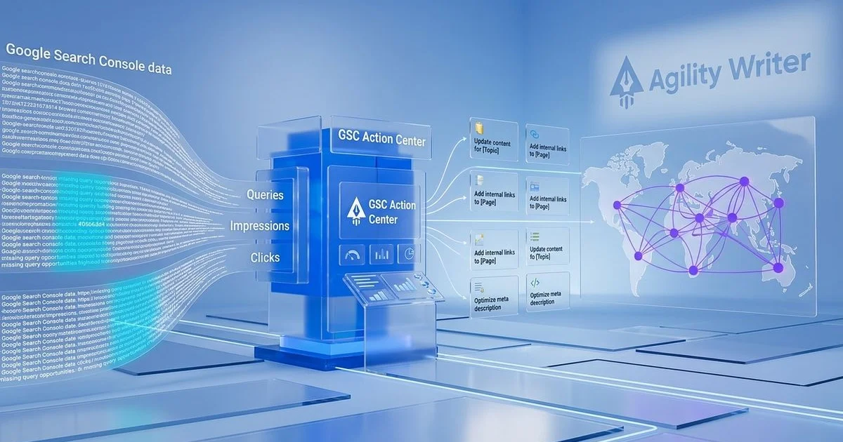 GSC Action Center — Agility Writer dashboard screenshot