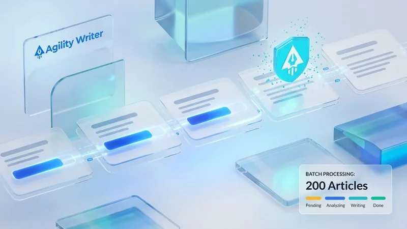 Bulk generation queue showing 200 articles with progress bars, status indicators, and estimated completion time