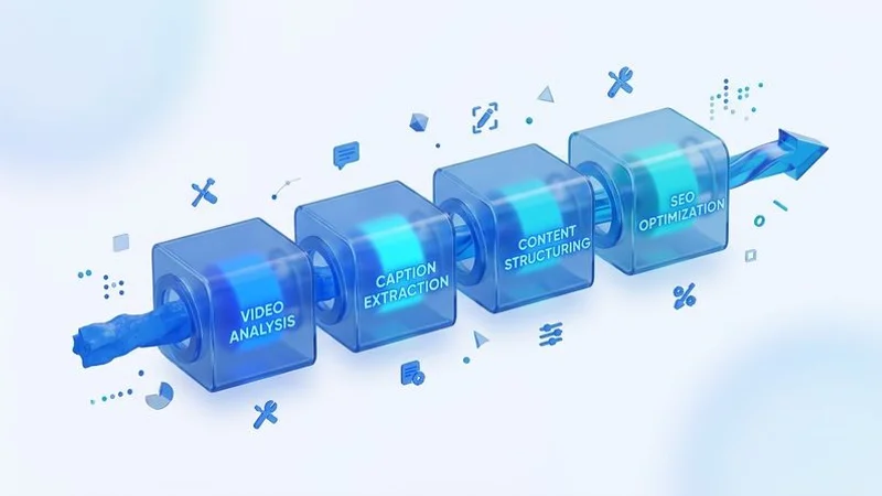 Conversion progress screen showing video analysis, caption extraction, content structuring, and SEO optimization steps