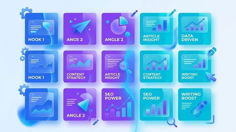 Grid view of 12 generated social posts showing different angles and hooks from the same article
