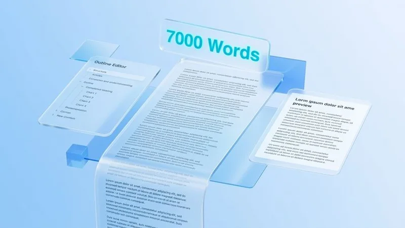Long-form article generation interface with word count tracker, outline editor, and content preview panel