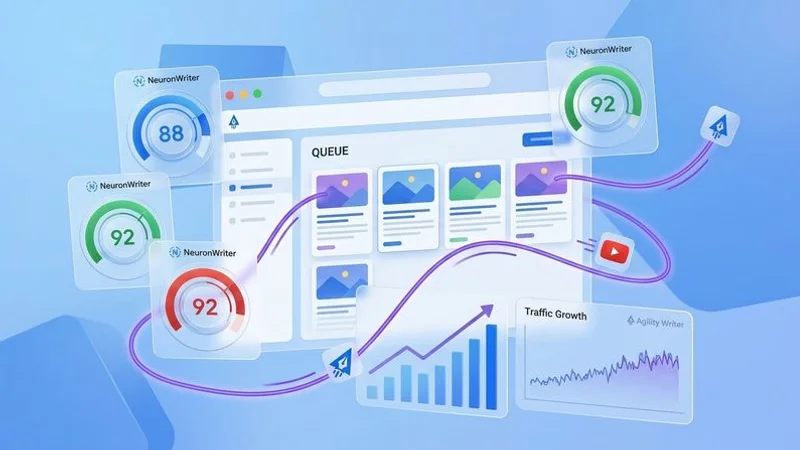 NeuronWriter integration panel showing content score optimization applied to bulk-generated articles