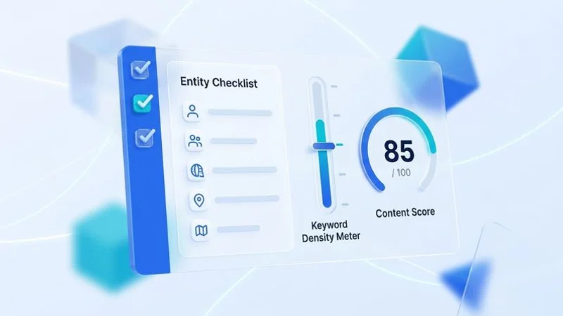 SEO Writing Assistant sidebar showing real-time entity checklist, keyword density meter, and content score gauge