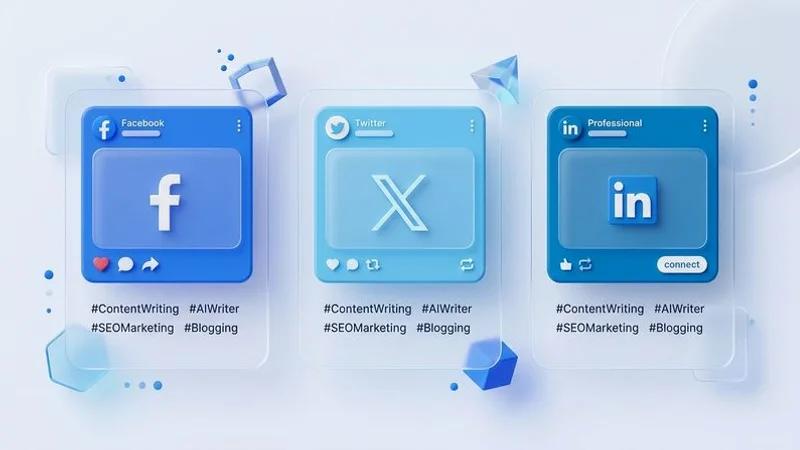 Social Posts Generator showing platform-specific post previews for Facebook, X, and LinkedIn with hashtag suggestions