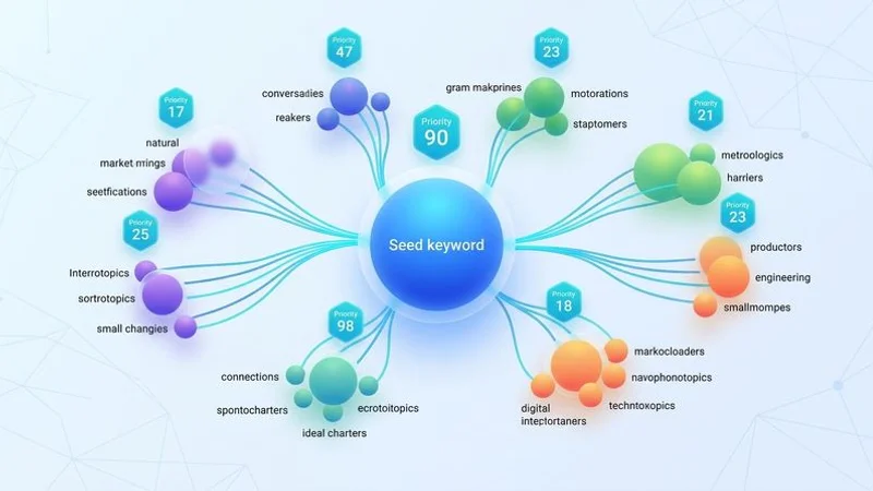 Topical map builder interface showing a seed keyword expanding into organized topic clusters with priority scores